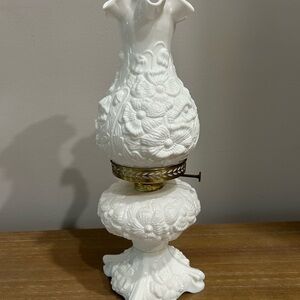 Elegant White Floral embossed milk glass oil lamp